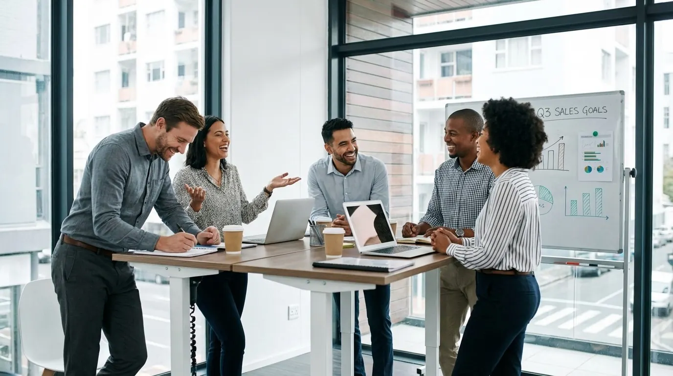 WTFox.ai sales team using AI-powered CRM software for pipeline analytics, voice-to-CRM data capture, and predictive deal forecasting in a modern US business office